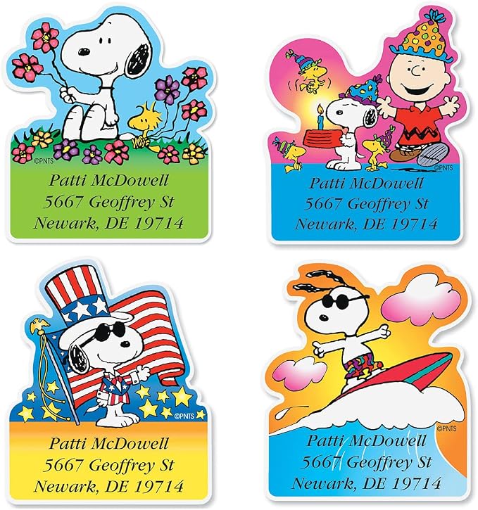 Colorful Images Year Round Holiday Peanuts Return Address Mailing Labels, Personalize with Name & Shipping Address, Set of 144 Self Adhesive, Easy Peel Flat Sticker Label Sheets, Diecut, 12 Designs