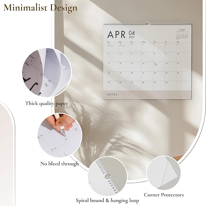 Horizontal Wall Calendar 2026-2027, 18 Months Hanging Calendar (January 2026 - June 2027) Modern White Design with Beige Notes Section 11x13.5 Inches
