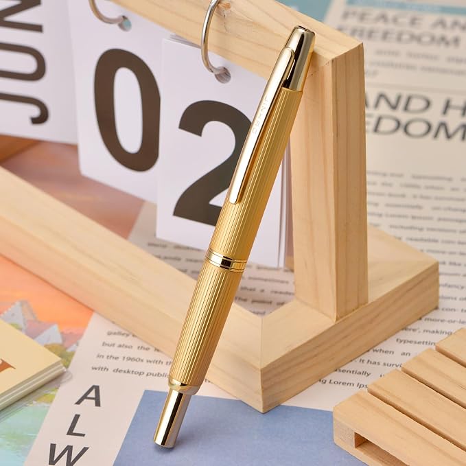 Jinhao 10 Press Fountain Pen with Box, Brushed Matt Gold Retractable Fine Nib with Converter Set (Golden Clip)