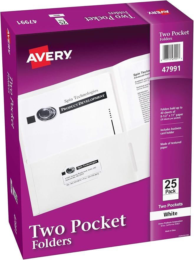 Avery Two Pocket Folders, Holds up to 40 Sheets, Business Card Slot, 25 White Folders (47991) (Pack of 5)