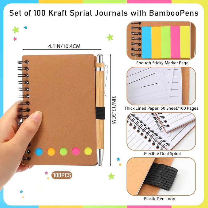 Chuangdi 100 Sets Lined Spiral Notebooks with Sticky Notes and Bamboo Pens, Back-to-school Supplies for Office Teacher Staff, Kraft Notebook with Pen Set Bulk for Employee