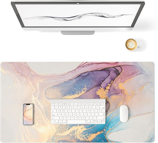 Colorful Star Waterproof Blue Purple Marble Desk Pad, 31.5" x 15.7" | PU Leather Desk Mat Large Keyboard and Gaming Mouse Pads for Office, Non-Slip Writing Pad Desk Accessories for Women Men