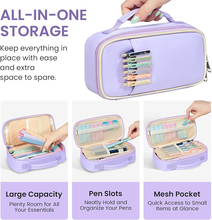 Cute Pencil Case With Supplies, 39 PCS Aesthetic Stationery Set with Pencil Pouch, 6 Black Ink Gel Pens, 12 Highlighters, 5 #2 HB Pencils, 4 Mechanical Pencils, Back to School Supplies - Light Purple