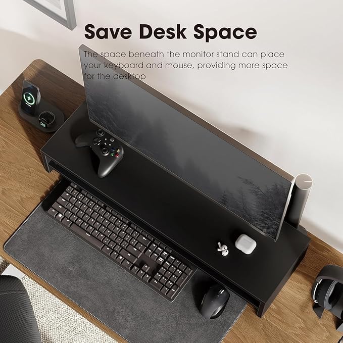 Fenge 31.5 Inch Dual Monitor Stand Riser for Desk, Black | Wooden Desk Shelf, 2-Tier Open Storage Compartment, for PC Laptop Screen Printer, Home Office Desktop Organizer