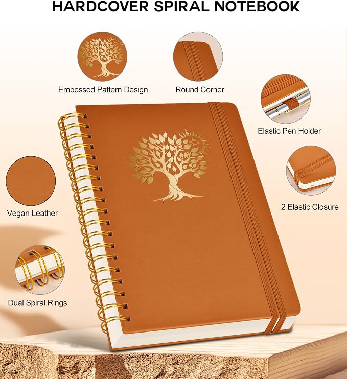 PERCUN Spiral Notebook 300 Numbered Lined Pages Hardcover Journal 5.9"x8.5" | College Ruled Spiral Bound Notebook with Tabs, A5 Leather Journal for Women Men, Work, School, Travel, Writing & Note Taking