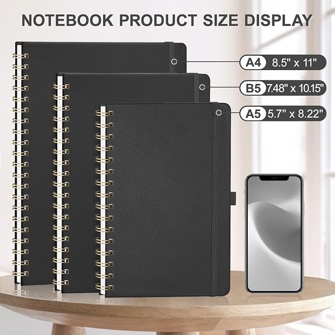 AHGXG Lined Spiral Journal Notebook, 110 Pages, A4 (8.5" x 11") | Journals for Women, Hardcover Leather Notebook College Ruled, 100 GSM Paper, for Work School Note Taking (Black)