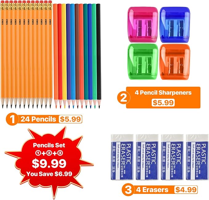 WELLFAR 32 PCS Pencils Set, 12 Pack Pencils #2 HB + 12 Colored Pencils, Wooden/Wood Lead Pencil with 4 Sharpeners & 4 Erasers, Number 2 Lapiz, Complete Art & Homework Kit for Drawing Writing.