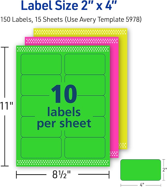 Avery Printable Shipping Labels with Sure Feed, 2" x 4", Assorted Neon Colors (Magenta, Green, Yellow), Laser & Inkjet Compatible, 150 Blank Labels Total (5978)