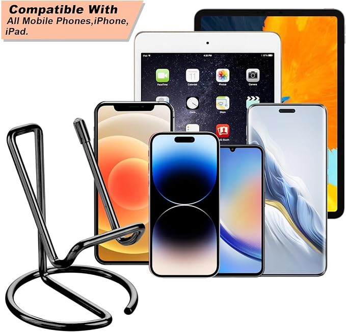 ROPOSY Cell Phone Stand for Desk, Cute Metal Black Cell Phone Stand Holder Desk Accessories, Compatible with All Mobile Phones, iPhone, iPad