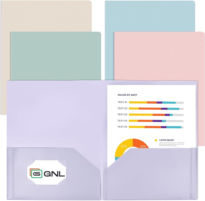 GNL Plastic Folders with Pockets, Pack of 5, Muted Pastel Colors, Heavy Duty 2 Pocket File Folders Letter Size, Pocket Folders for School, Home, and Office
