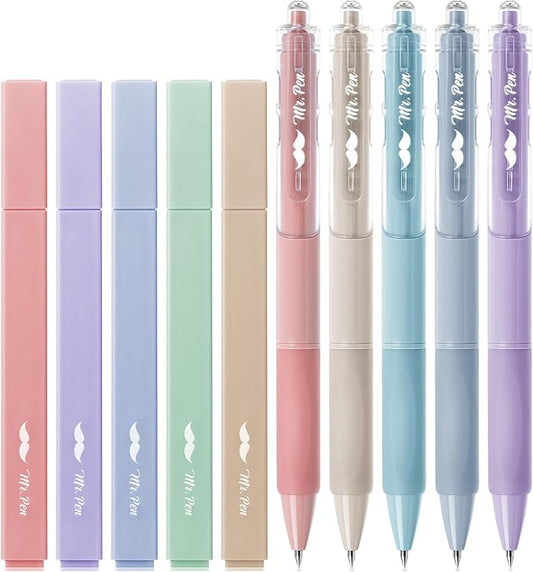 Mr. Pen- Aesthetic Highlighters and Gel Pens, 10 Pack | Pastel Colors Bible Highlighters No Bleed, Black Ink Gel Pens, Fast Dry and No Smear for Bible Journaling, Planner