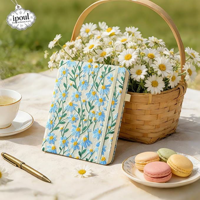 A5 Notebook, Flower Journal, Embroidered Notebook, 8"x6", Hardcover, Lay Flat, Lined, Wide Ruled Paper, Personalized Notebook, Pretty Journal, Daisy Gifts for Women, Blue, with Elastic Band