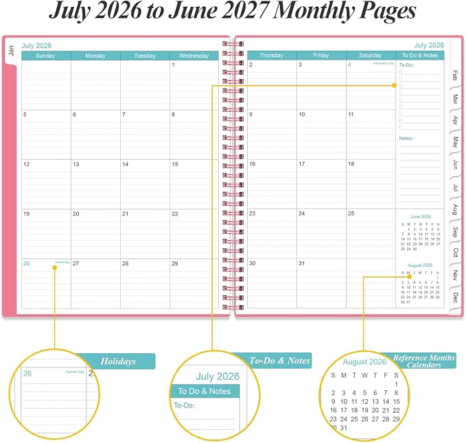 2026-2027 Planner - Planner 2026-2027 from July 2026 to June 2027 with 12 Monthly Tabs, Flexible Cover, Inner Pocket, 8.5" x 11", Pink-B
