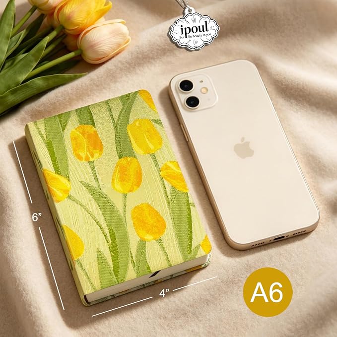 Pocket Notebook, A6, 4x6, Small Embroidered Journal, Cute Notebook, Lay Flat, Hardcover, Lined Notebook & Sketchbook, Note Taking Notebook, Beautiful Journal for Women, Tulip Flower
