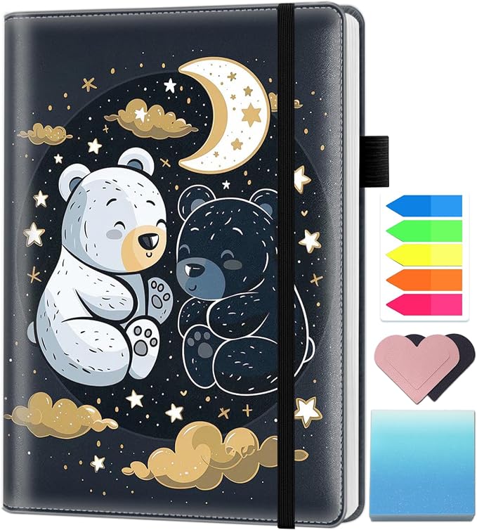 A5 Leather Lined Journal Notebook, 200 Pages Hardcover Executive Notebook for Men Women Office School Note Taking, Thick Writing Paper Daily Journal with Bookmarks/Indexes,Cute Bear