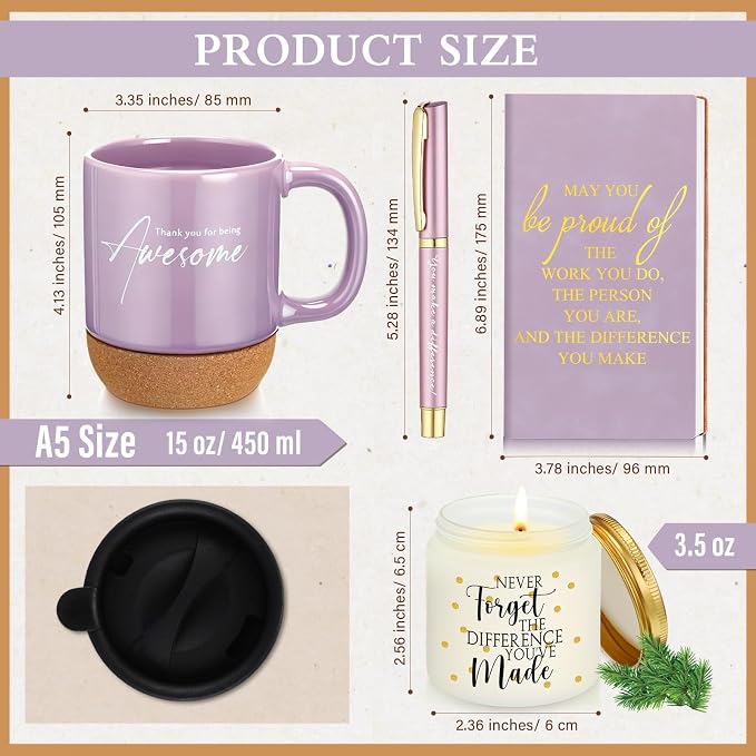 Sayglossy 4 Pcs Thank You Gift Set for Women Men Back to School Teacher Appreciation Gift Leather Notebook Inspirational Coffee Mug Scented Candle Ballpoint Pen for Employee Coworker Nurse Boss, Puple