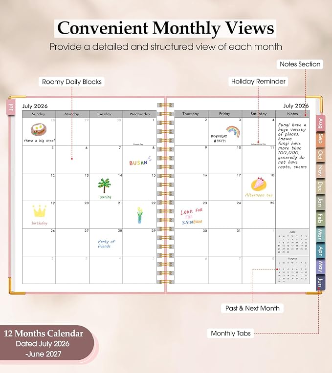 Academic Planner 2026-2027, Hardcover Leather Weekly and Monthly Calendar Planner from July 2026 - June 2027, A5 6.1" x 8.2" Daily Agenda with Tabs, College School Organizer for Student Teacher, Pink