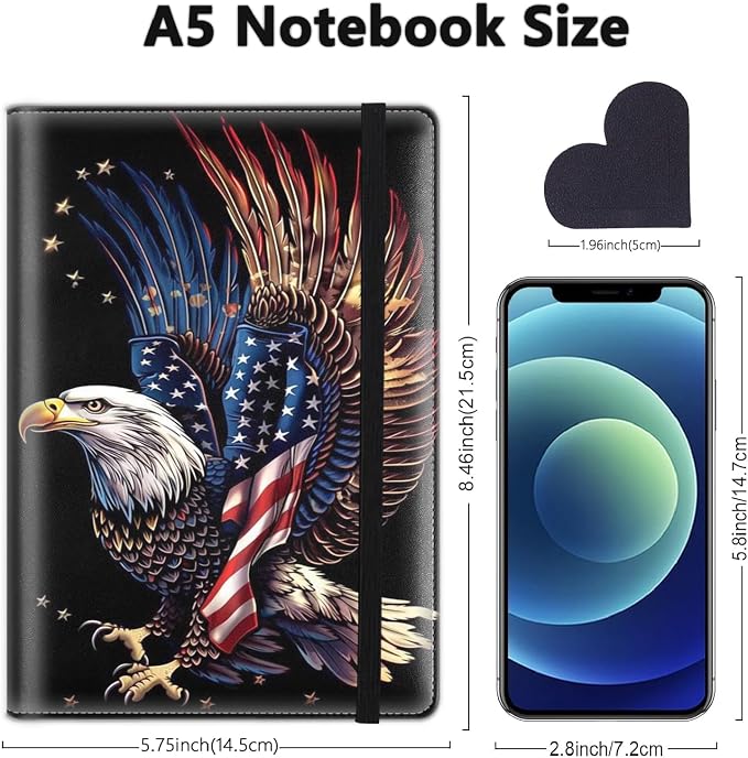 A5 Leather Lined Journal Notebook, 200 Pages Hardcover Executive Notebook for Men Women Office School Note Taking, Thick Writing Paper Daily Journal with Bookmarks/Indexes,Eagle American Flag