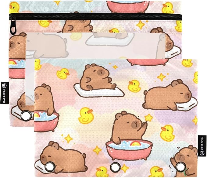 Capybara Duck Cute Pencil Pouch for 3 Ring Binder 2 Pack Zipper Binder Pencil Bag with Clear Window Pencil Case for Office Supplies