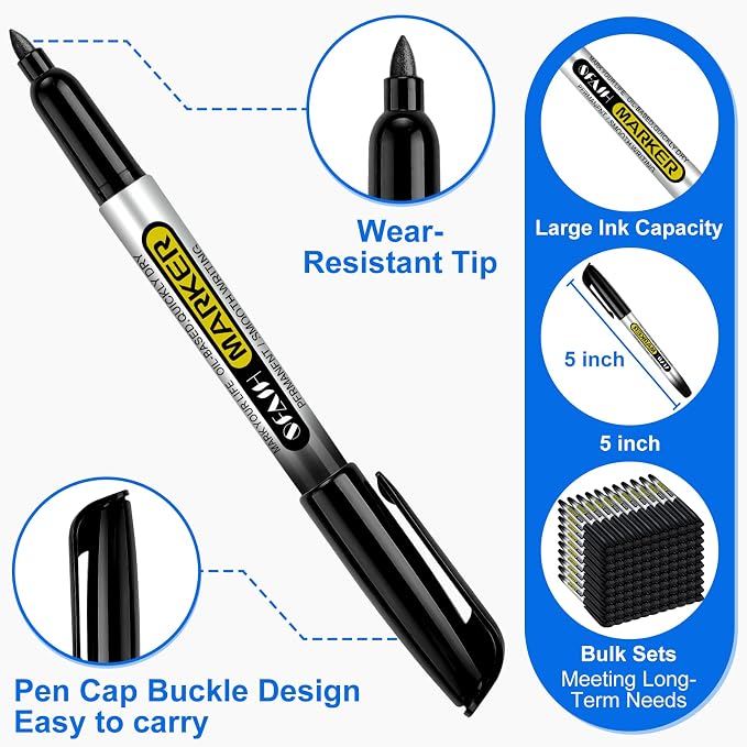 SFAIH 120 Black Permanent Markers Bulk -1s Quick Drying, Fine Point Markers for Write Mark, School, Office, Warehouse, Business, Logistics, Durable, Waterproof Ink on Paper, Plastic, Metal, Cardboard