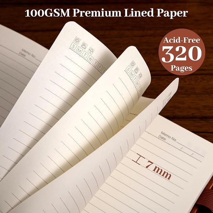 CAGIE Leather Bound Journal for Men & Women, A5 Lined Notebook with 320 Numbered Pages, 100 GSM Thick Paper, Lay Flat Hardcover Journal for Writing, Work, Travel & Daily Use (Brown)
