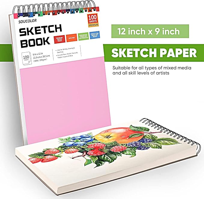 Sketchbook for Girls 9x12, 2 Pack Cute Pink Sketch Book for Teen Girls | 200 Sheets Spiral Drawing Pad, 68lb Acid-Free Erasable Paper Sketch Book for Women Teens, Art Supplies Gift Set