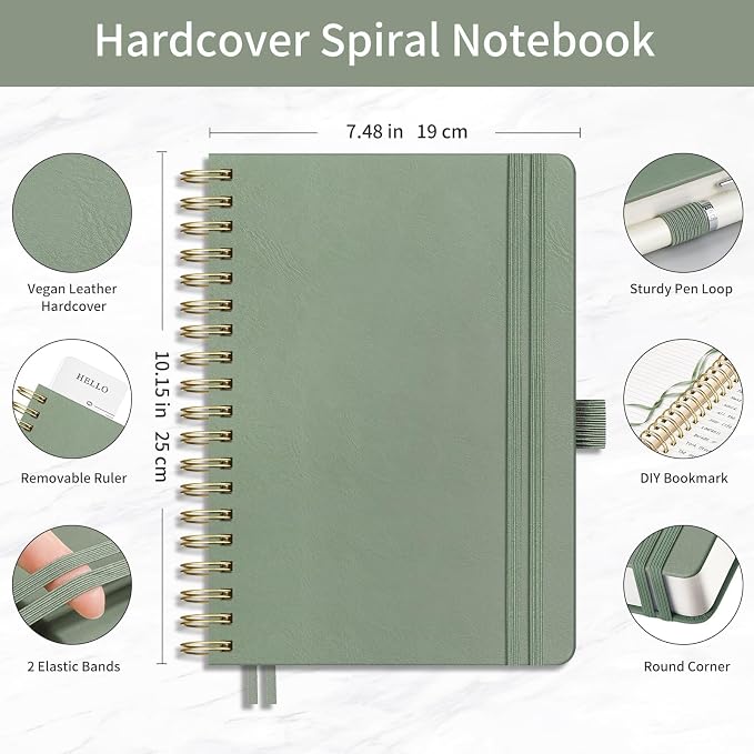 EMSHOI Lined Spiral Journal Notebook, 300 Numbered Pages, B5 (7.4"x10") | College Ruled, Leather Hardcover, 100 GSM Thick Paper, for School, Writing, Work, Office & Journaling (Light Green)