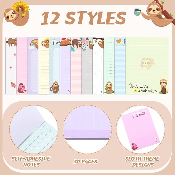 Chiisong 12 Pieces Sloth Sticky Notes 3x4 Inch Cute Cartoon Sloth Gifts Memo Notes for Animal Lovers Women Animal to Do List for Office Friends Lazy Day Holidays Gifts