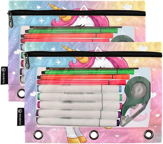 ALAZA Pencil Pouch for 3 Ring Binder, Cute Unicorn Rainbow Binder Pencil Pouches with Clear Window Zipper Pencil Case Cosmetic Bags for Office College Supplies, 2PCS