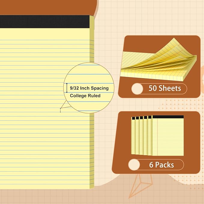 Legal Pads 8.5 X11, Narrow Ruled Notepads, 6 Pack, 50 Sheet/Pad | Yellow Legal Pads, Tear Off Notepad, Perforated Writing Pad, Notebook Paper College Ruled, Notepads For Office Home School