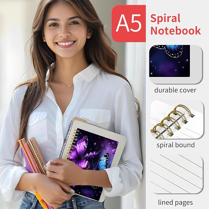KZYVFNPQ Spiral Journal Notebook for Women Men, A5 Cute Hardcover Lined Notebook with Strong Binding,College Ruled Notebook for Office Work Writing(Purple Blue Butterfly Floral Stars)