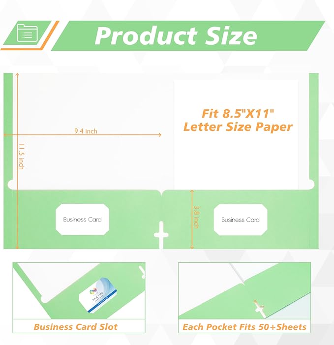 50 Packs Two Pocket Folders,Two Pocket File Folders with Business Card Slot,Apple Green,Letter Size,Paper Folders with Pockets for School Office Home Business