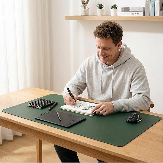 Office Leather Desk Mat, Mouse and Keyboard Pad, Computer and Laptop Mat, Desktop Protector and Cover, Writing Pad and Blotter (7.88''x22.85'', Dark Green)