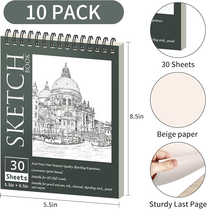 OSIMIG 10 Pack 5.5" x 8.5" Sketch Books, 300 Sheet Drawing Paper, Mini Sketchbook for Kids, Drawing Pad, Top Spiral Bound Sketch Pad for Beginger, Adult Art Supplies
