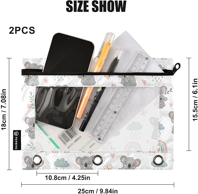 Gredecor Binder Pencil Pouch 3 Ring Koala Rainbow Floral Zipper Pencil Pouches Case 2 Pack Clear Binder Organizer for School Office