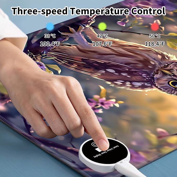 Heated Desk Pad Mouse Pad,Heated Desk Mat,with 3 Heating Levels & 3 Hours Auto Shut-Off,Leather 23.6"*14.2" Gaming Mouse Laptop Mat,Foot Warmer,Cute Owl Purple