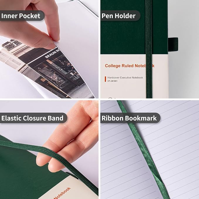 Heture Hardcover Journal Notebooks, A5 Lined Notebook for Writing and Work, 160 Pages 100 GSM Thick Paper, Ruled Notebooks Bulk with Elastic Closure, Hardcover Notebook for Work, School, Travel, Note Taking (Forest Green, 1 Pack)