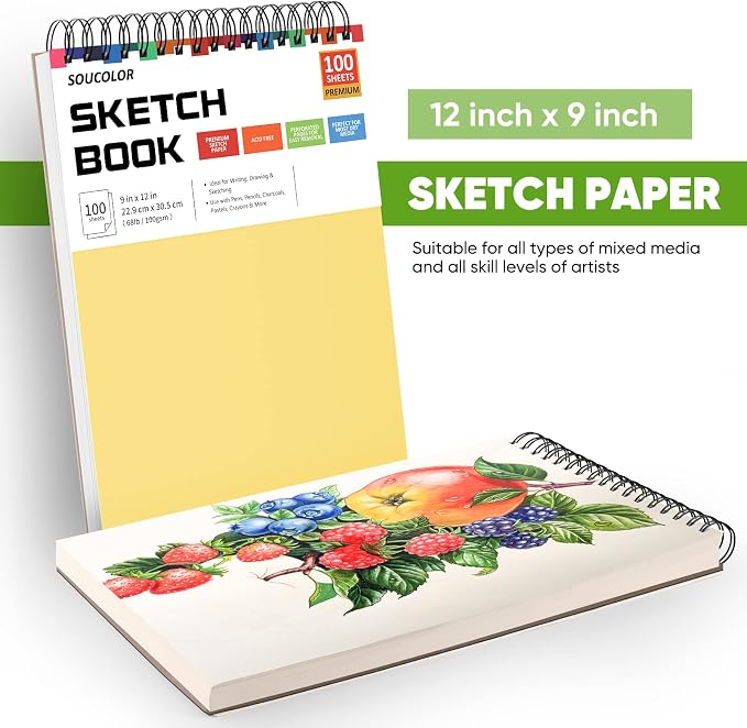 Soucolor 9x12 Spiral Sketch Book,100 Sheets, Acid-Free Drawing Pad for Kids | Top spiral-bound sketchbook with 68lb acid-free paper,micro-perforated pages, and flat-lay design,for all artists