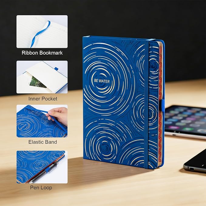 Comix Aesthetic Lined Journal for Men & Women, 192 Page, 100GSM Leather Journal, 5.5" x 8.3", Be Water Hardcover Notebook for Writing & Note Taking, Fits for Office School Home, Dark Blue