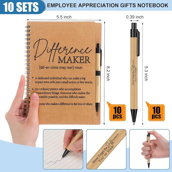 Nezyo 10 Sets Difference Maker Gifts Notebooks with Ballpoint Pens Employee Appreciation Gifts Mini Spiral Inspiration Journal Bulk for Leader Boss Coworker Nurse Teacher Difference Maker (Brown)