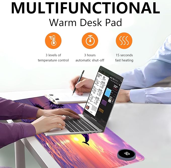 Heated Mouse Pad with 3 Levels Heated & 3 Hours Auto Shut-Off Mouse Pad for Warming Hands in Office Home, 23.6" x 14.2"Large Safe Desk Mat Hand Warmer，Jumping Dolphin