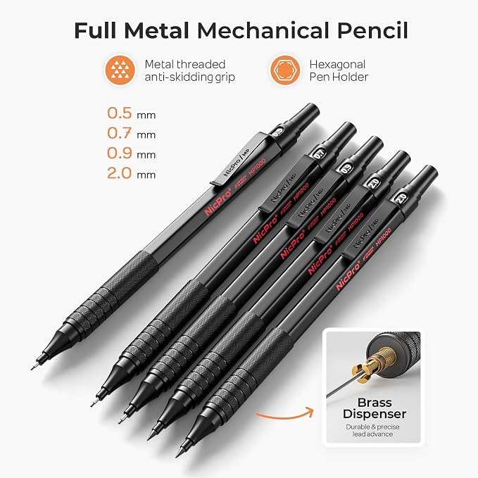Nicpro 22PCS Art Mechanical Pencil Set， Metal Drawing Sketching With Eraser | Pencil Black Artist Drafting 0.5 & 0.7 & 0.9 mm & 2PCS 2mm Graphite Holder(4B 2B HB 2H) for Writing With Lead Refills Case