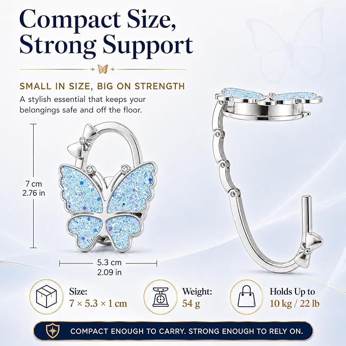 Purse Hook for Table, Foldable Handbag Hanger for Women, Portable Bag Holder with Non-Slip Base, Cute Bling Light Blue Butterfly Purse Table Hook for Restaurant Office Travel Gift