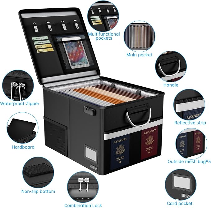 5200℉ Fireproof Document Box with Lock, Black | Waterproof File Organizer with Handle, Portable Collapsible Filing Cabinet for Hanging Letter/Legal Folders