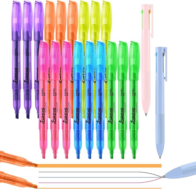 20 Pcs Highlighters and Gel Pens Set, 6 Color Highlighters and 2 Pcs 3 in 1 Multicolor Gel Pens, Chisel Tip Highlighters Assorted Colors, Quick Dry, Perfect for Class, School, Office
