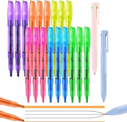 20 Pcs Highlighters and Gel Pens Set, 6 Color Highlighters and 2 Pcs 3 in 1 Multicolor Gel Pens, Chisel Tip Highlighters Assorted Colors, Quick Dry, Perfect for Class, School, Office