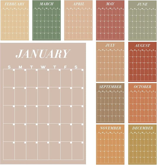 12 Pcs Rustic Undated Calendars 12‘'x16‘' Large Erasable Wall Calendar 12 Month Classroom Dry Ease Reusable Planning Colorful Yearly Blank Planner Reserved Grid for Office Home Educational Class