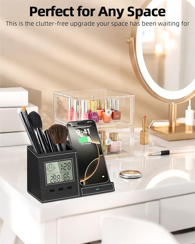 Desk Organizer with Wireless Charger, Digital Clock, Thermometer & Hygrometer - Multi-Functional Pencil Holder, Office Desk Accessories Storage Caddy for Home, Office, Men, Women (Battery Included)