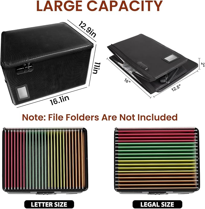 Large Fireproof Document File Organizer Box, 6400°F Fireproof Storage Filing Cabinet with Lock, Portable Office Safe Box for Hanging Letter/Legal Folder 16.1 x 12.9 x 11in (Black)