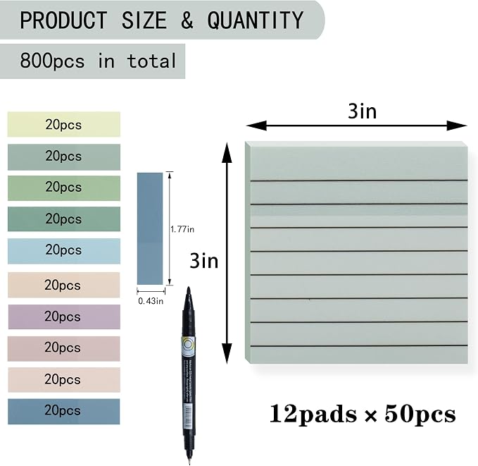 YOUDEFUL 800Pcs Transparent Sticky Notes, Blue Clear Sticky Notes with Lined, 3"x3" Waterproof Translucent Sticky Note Pads, Index Tabs, Clear Post it Notes for Bible Study, See Through Sticky Notes